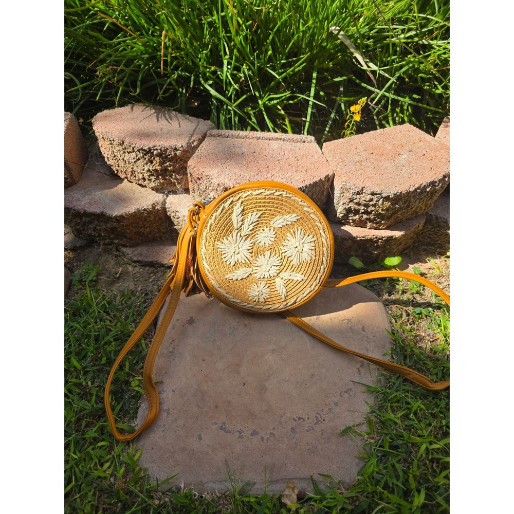 Art Class Girls Round Straw Crossbody Bag Floral Embroidery Tassel Yellow Tan